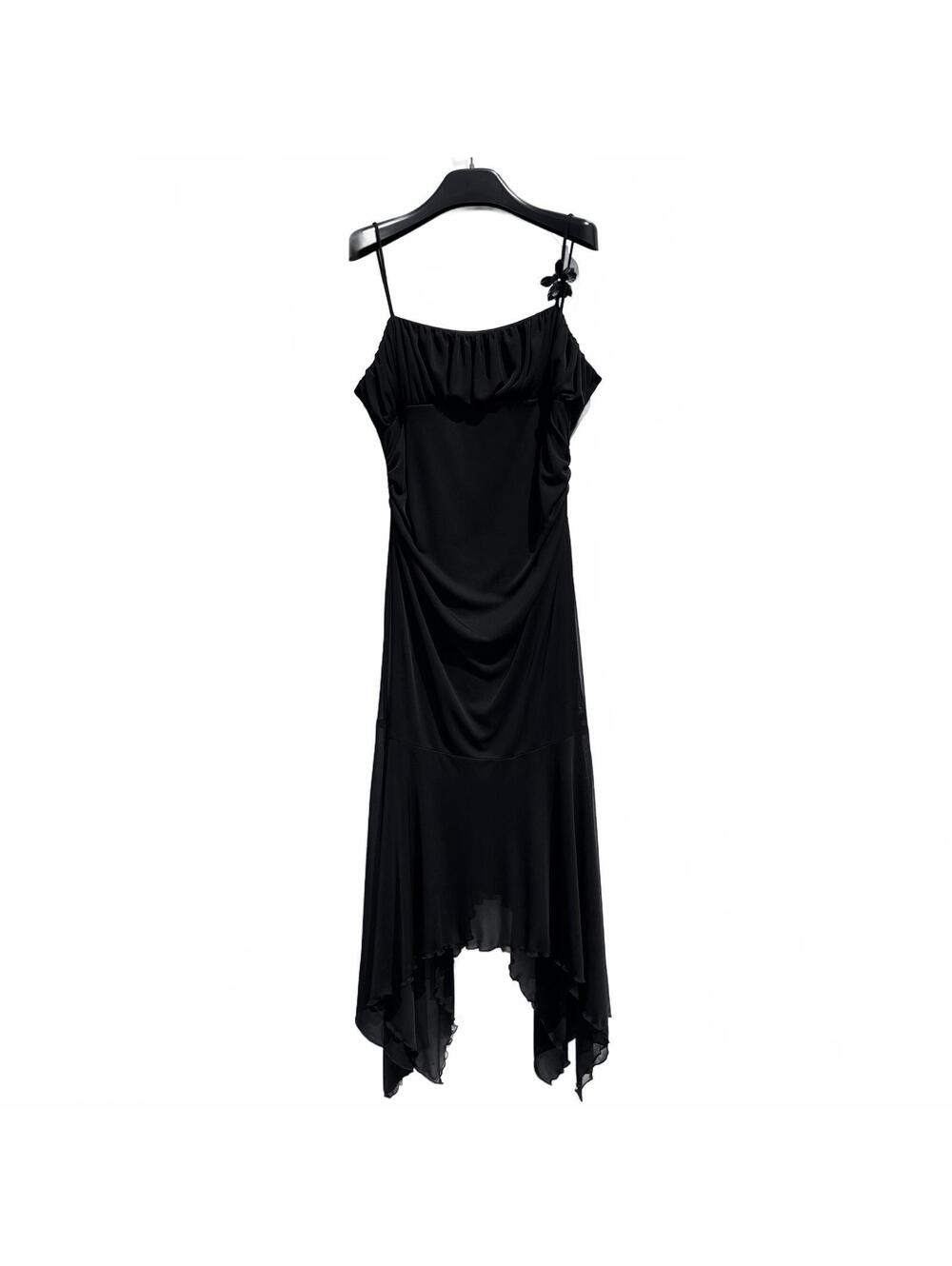 Vintage Jessica Sz 12P Black Ruched Waist Handkerchief Maxi Dress Whimsy Goth